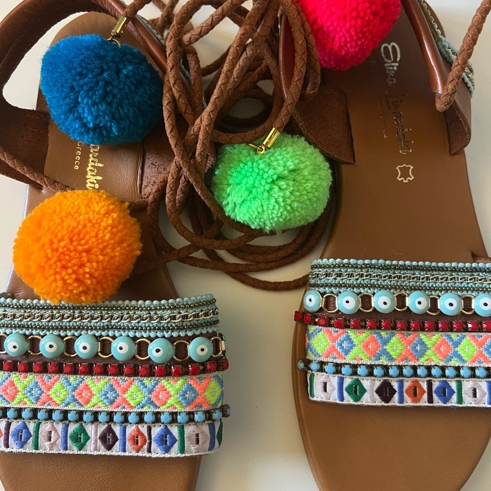 Elina Linardaki handmade Pom Pom sandals